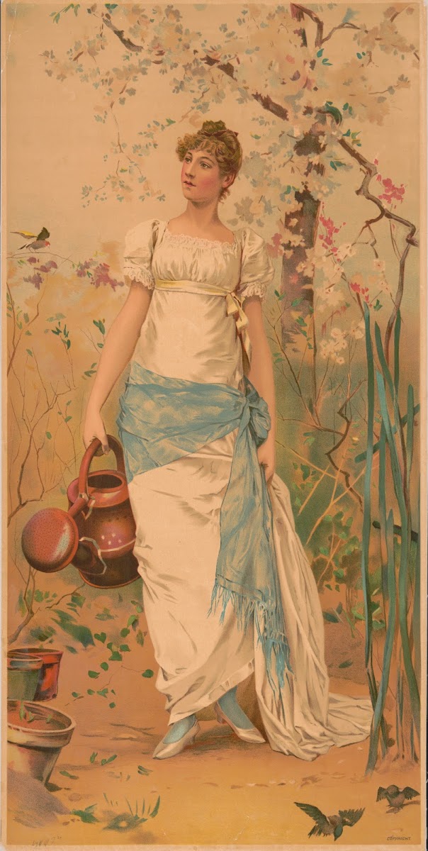 Woman in white dress with blue sash standing holding a watering can 1848
