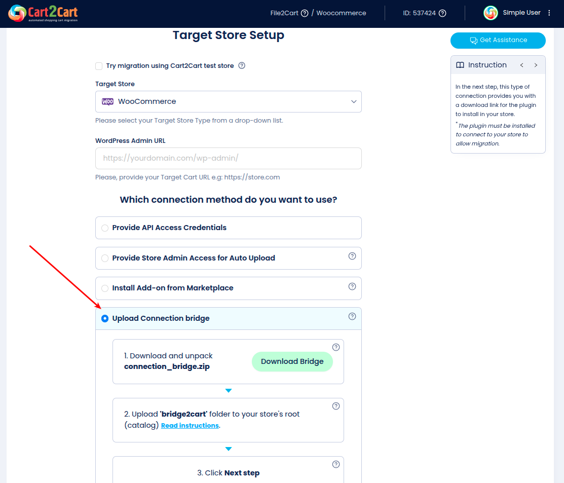 Upload Connection Bridge to OpenCart Target Store
