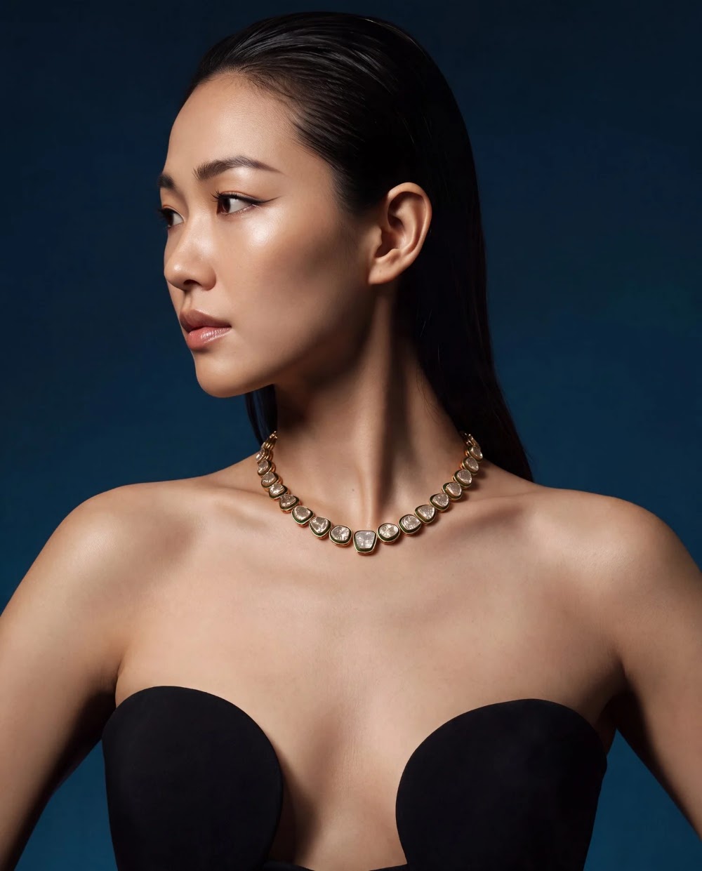 Model in profile wearing the Nita Polki Choker with an off-shoulder dress from Tyaani