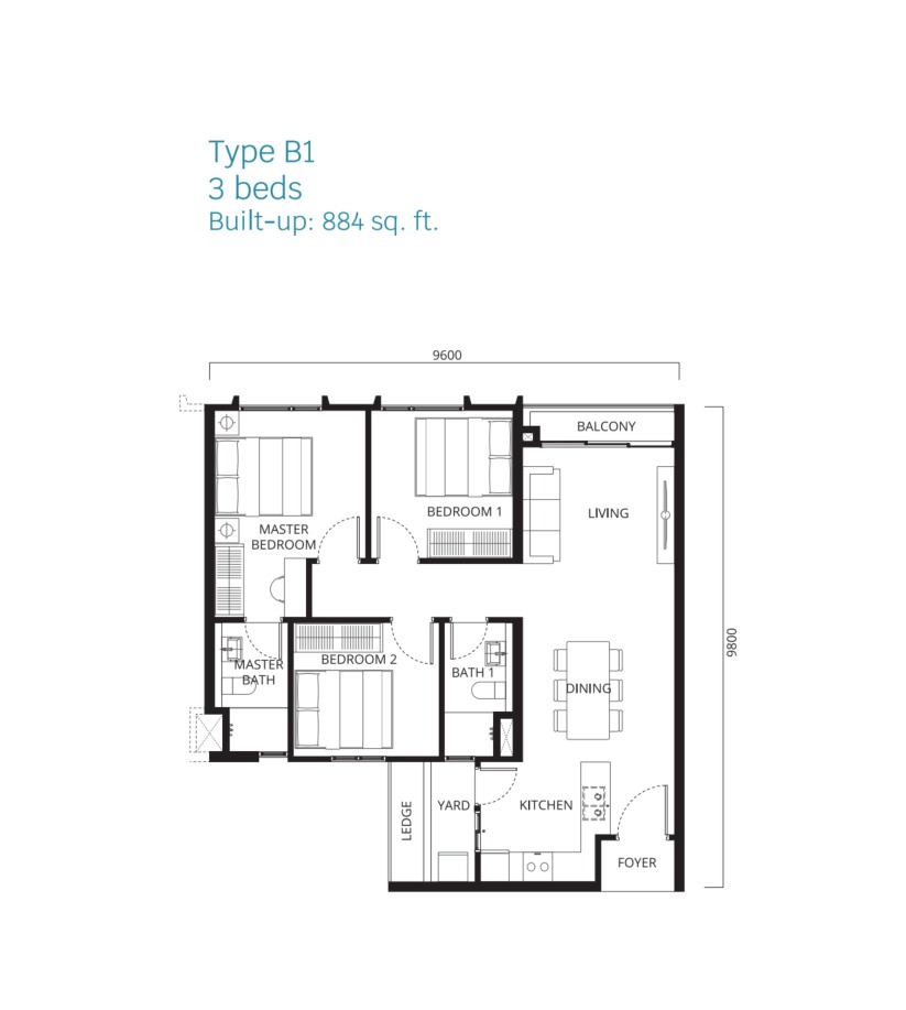 Stellaris Riana Dutamas Type B1 floor plan — 884 sq ft, 3 bedrooms
