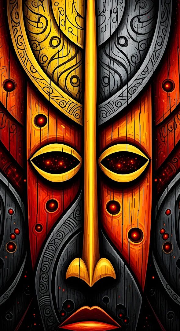 Intense African Tribal Mask with Yellow and Red Wood