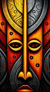 Intense African Tribal Mask with Yellow and Red Wood