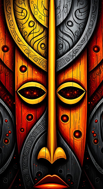 Intense African Tribal Mask with Yellow and Red Wood - Free mobile Wallpaper