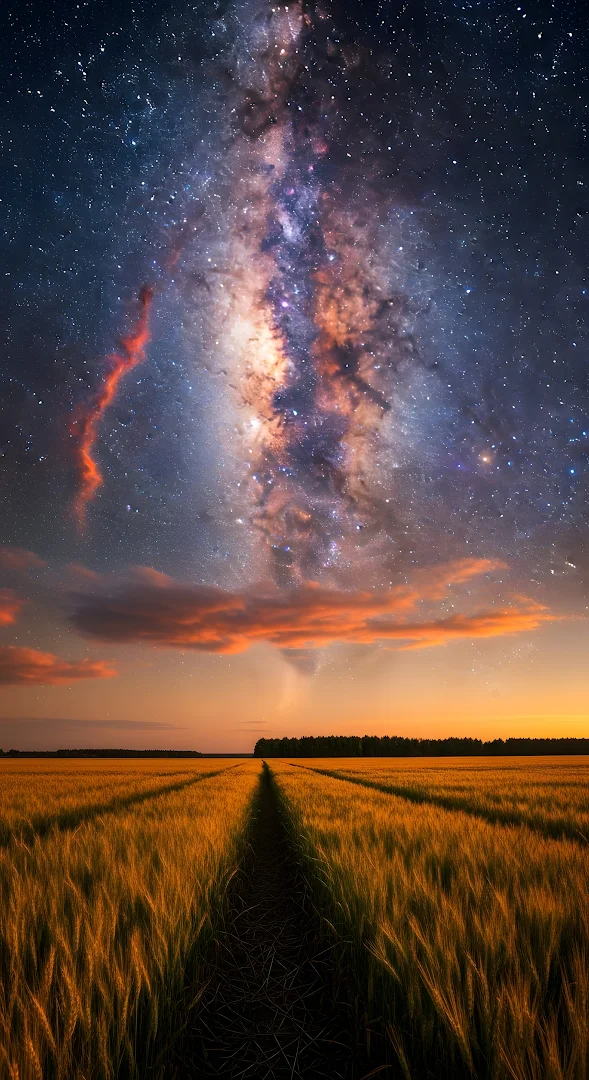 Vibrant Nebula Sky Over Sunset Wheat Field Path