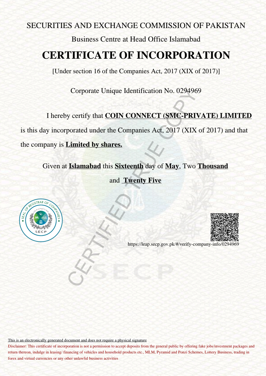 SECP Certificate of Incorporation for Coin Connect (SMC-Private) Limited