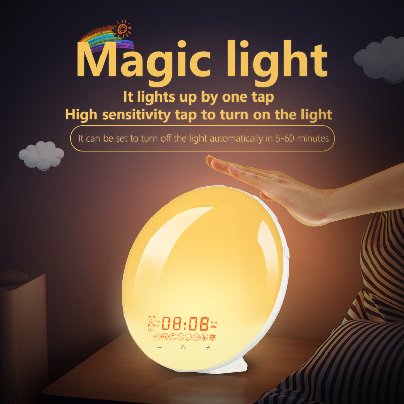LED alarm clock with wooden look and sunrise simulation