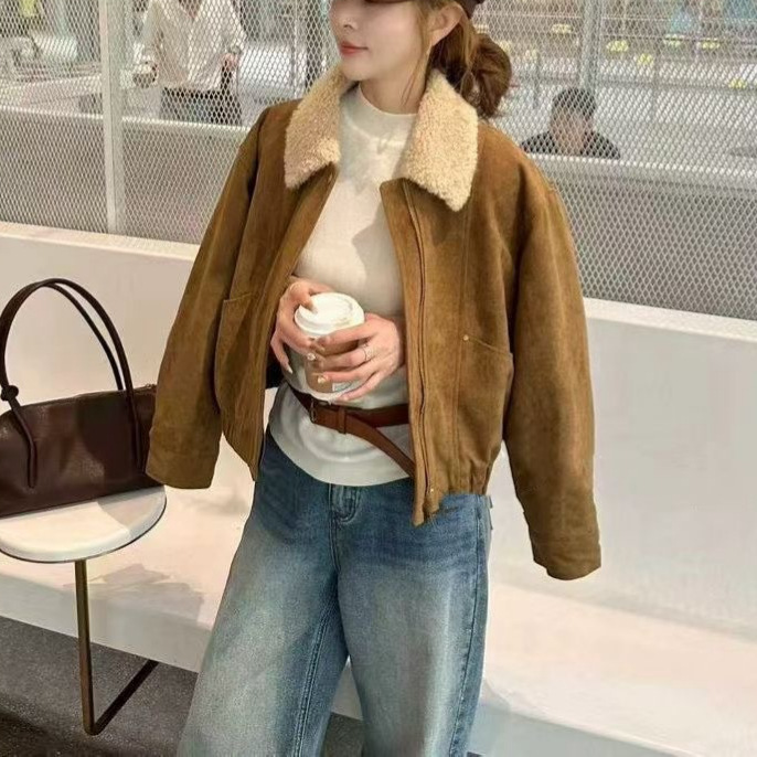 Women's winter jacket, suede look, lamb wool lining