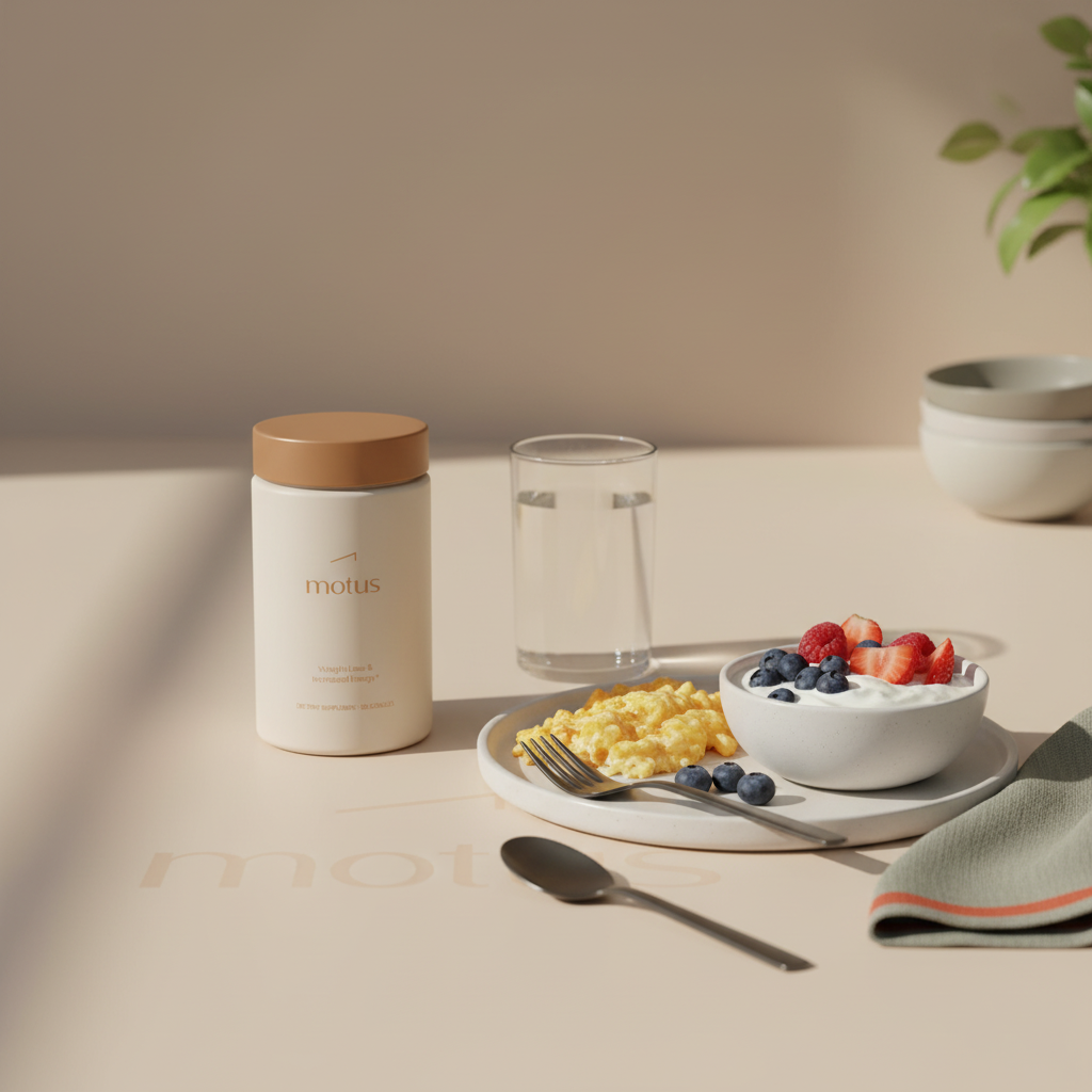 Tonum Motus supplement jar beside a protein-rich breakfast plate in a minimalist kitchen, illustrating how to lose weight fast when in menopause?