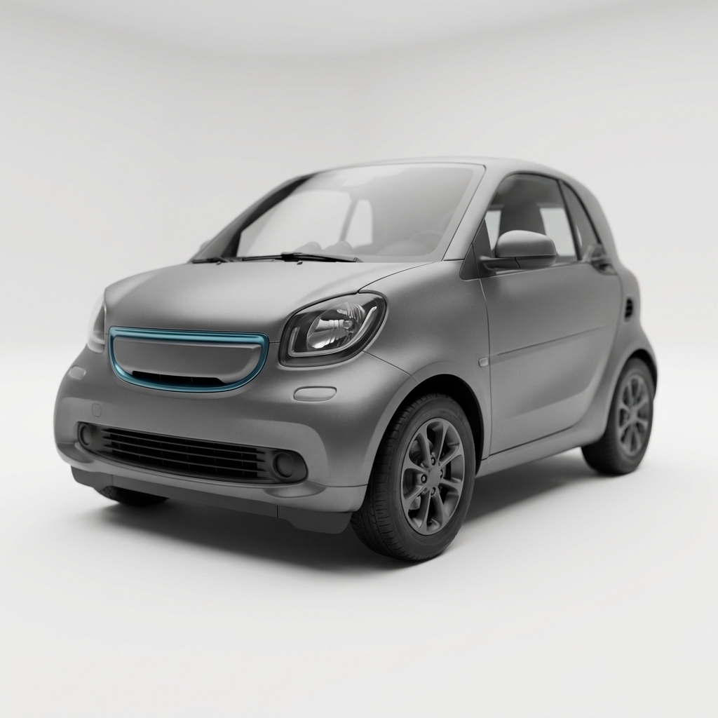 Close front corner view of a smart car for sale showing short wheelbase and compact front crumple area on white background with subtle blue CarFax Deals accents