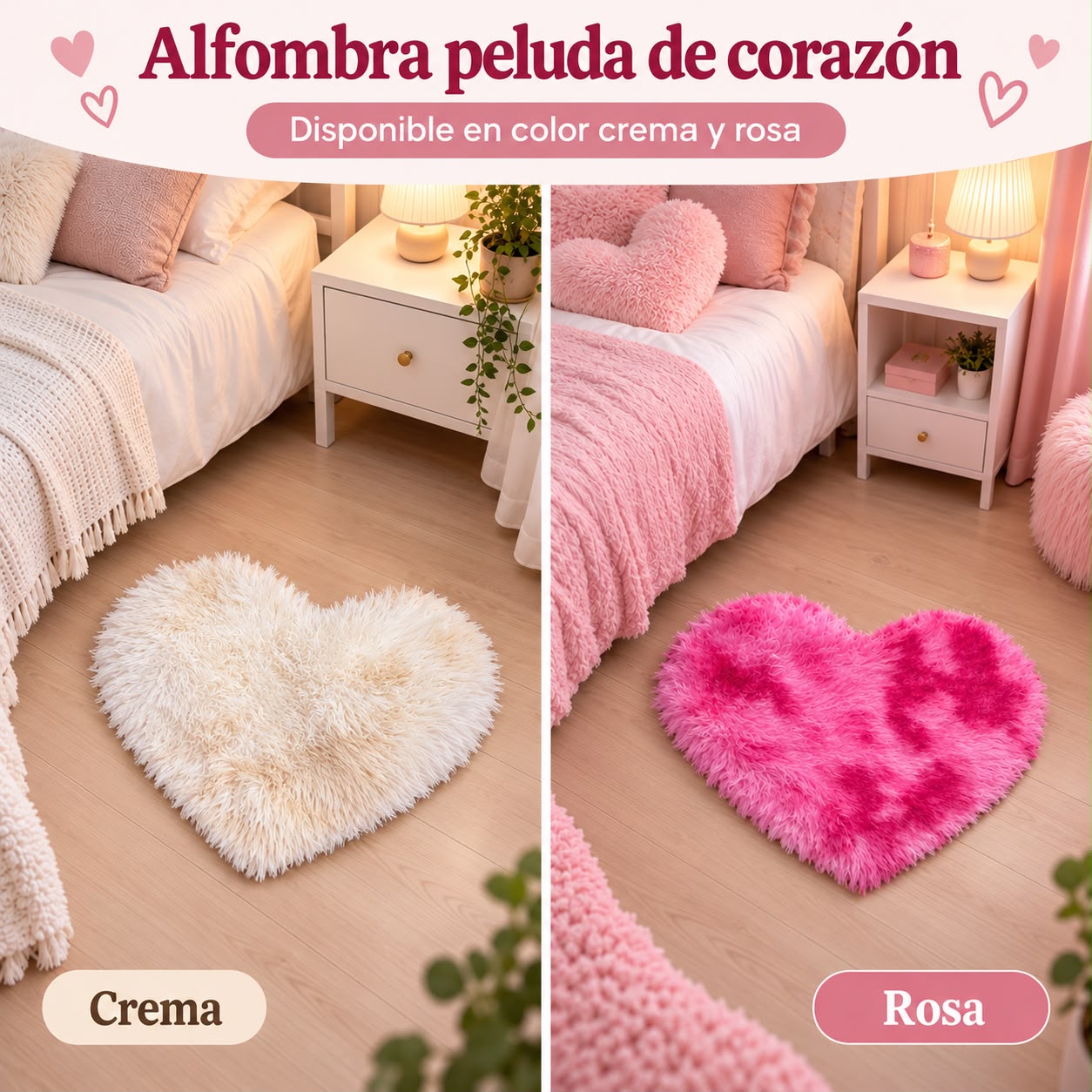 Alfombra peluda en forma de corazón – blanca y rosada