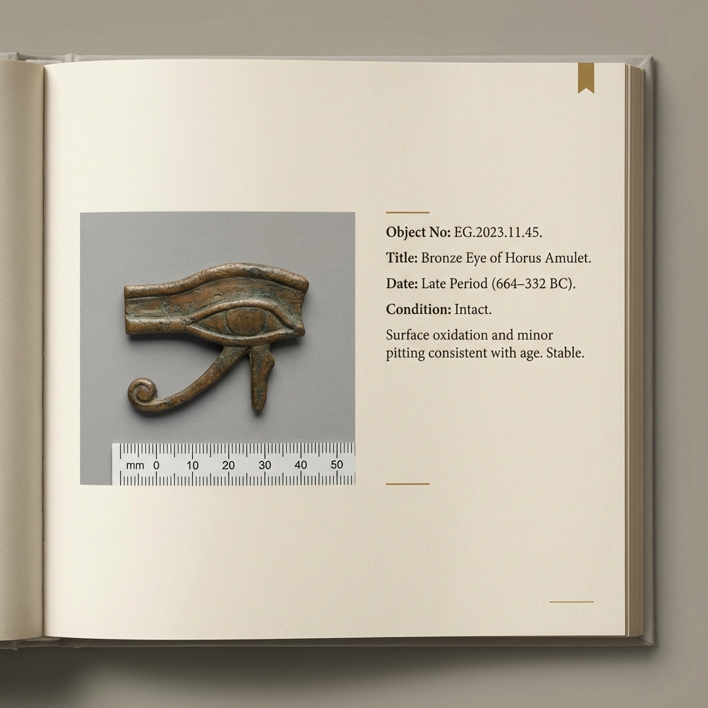 Close up museum catalogue page showing an eye of horus jewelry amulet photograph with detailed condition notes and a horizontal scale ruler on a beige Aurora Antiqua background