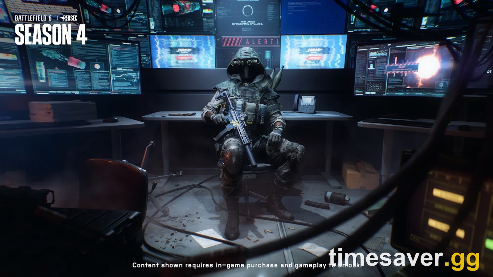 Battlefield 6 Season 4 Phantom Program screenshot showing an operator seated in the compromised Fort Lyndon security room surrounded by monitors