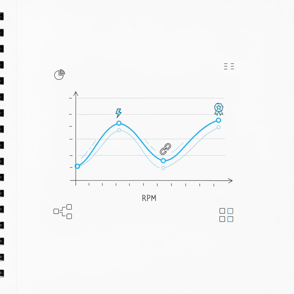 Minimalist notebook-style hand-drawn RPM line chart with blue event markers representing speed fix, affiliate test and sponsor &mdash; is google adsense profitable 2025