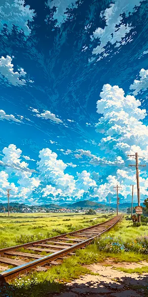 Anime Landscape, Train Tracks, Blue Sky, Cloudscape 4K iPhone Wallpaper Background