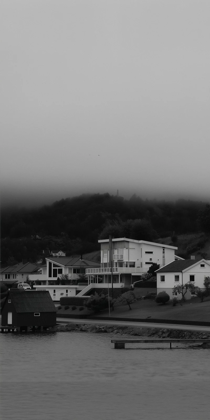 Foggy Coastal Village - Black and White Photography 2K iPhone Wallpaper (1440x2880)