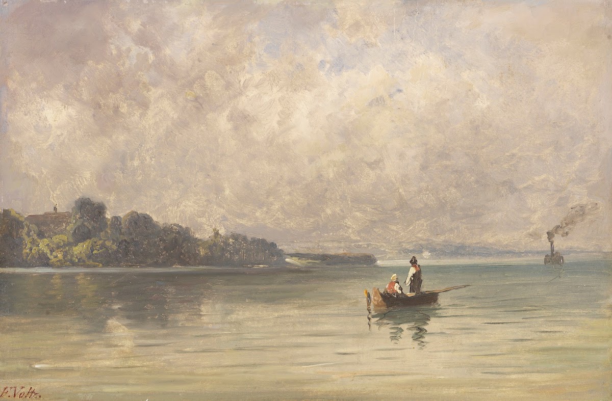 Chiemsee mit Fischerboot und Dampfer Ca 1830 1840