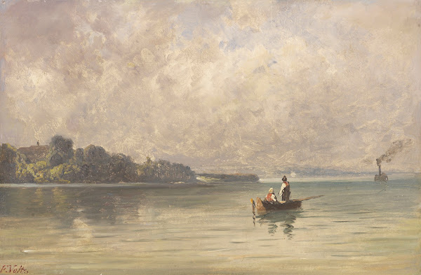 Chiemsee mit Fischerboot und Dampfer Ca 1830 1840