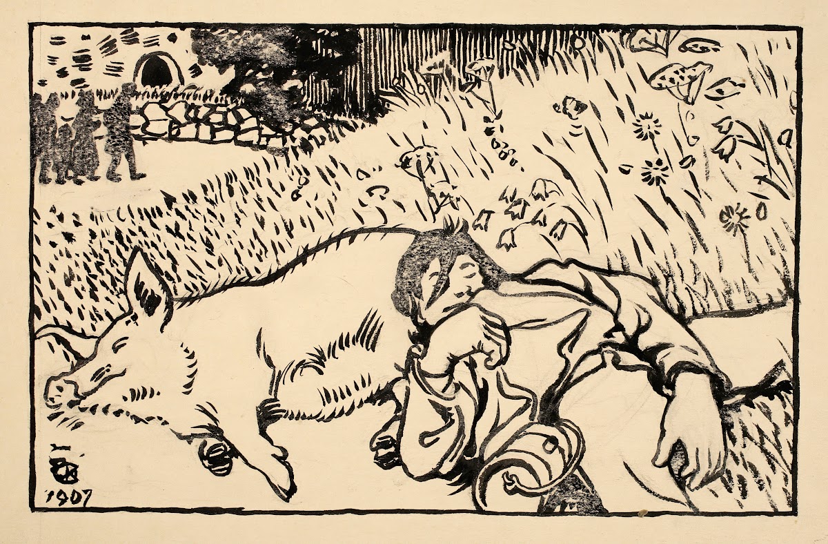 Pig and drunk man 1907