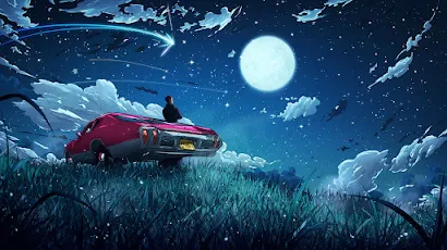 Car, Moonlight, Artwork, Moon, Grass 4K Wallpaper Background