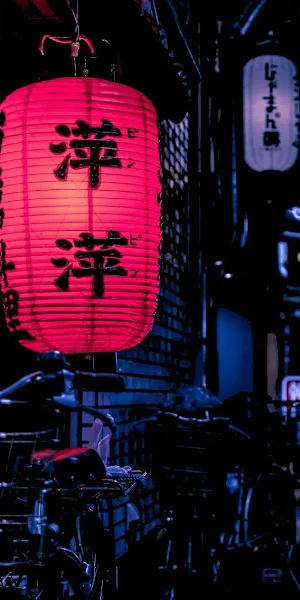 Japanese Lanterns, Asian Street, Night Photography, Urban Scene iPhone Wallpaper Background