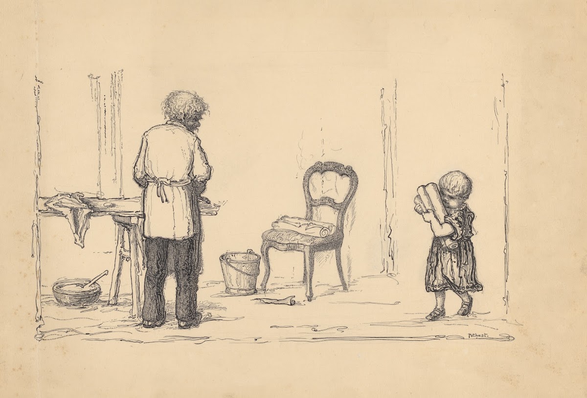 Man en kind aan het behangen 1887 1916