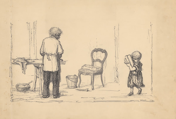 Man en kind aan het behangen 1887 1916