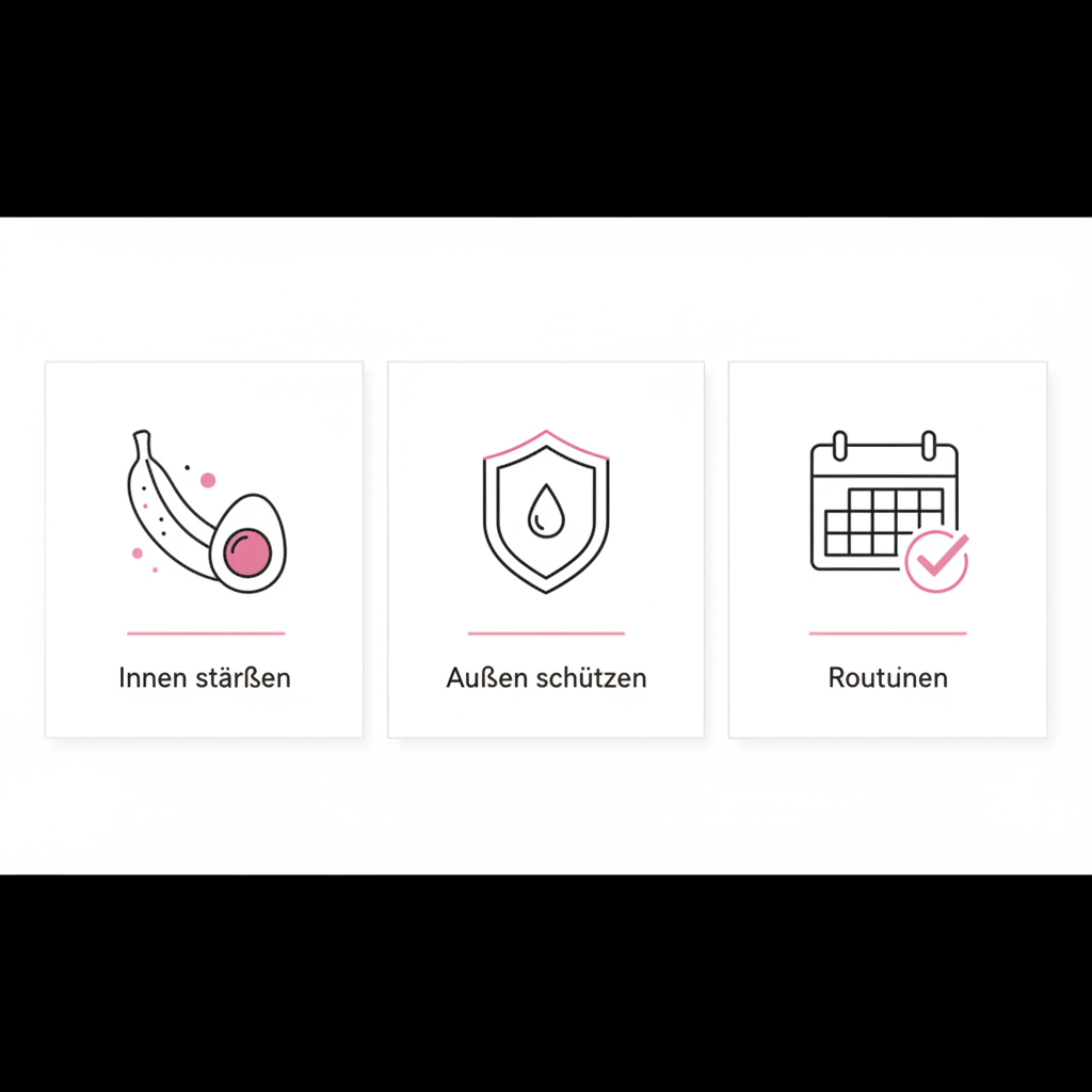 Minimalistische Vektor-Infografik mit drei Icons (Banane+Ei, Schild mit Öltropfen, Kalender) auf weißem Hintergrund mit NailX-Akzent #f57fb6. Helfen Bananen den Fingernägeln