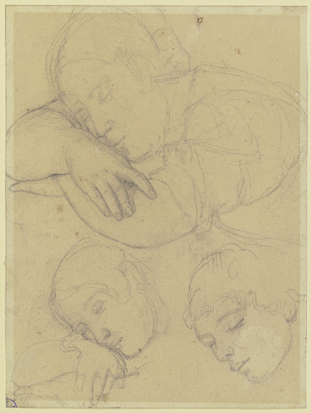Studienblatt mit einem über verschränkten Armen schlafendem Mädchen ca 1843