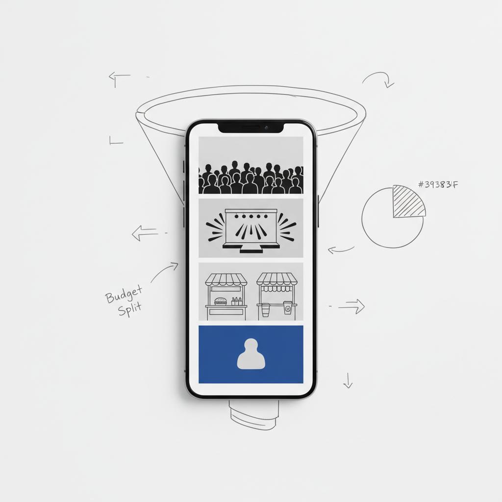 Vertical smartphone mockup showing an event video storyboard with four thumbnails (crowd silhouettes, stage, food stalls, blue CTA) &mdash; how to run Facebook ads for events