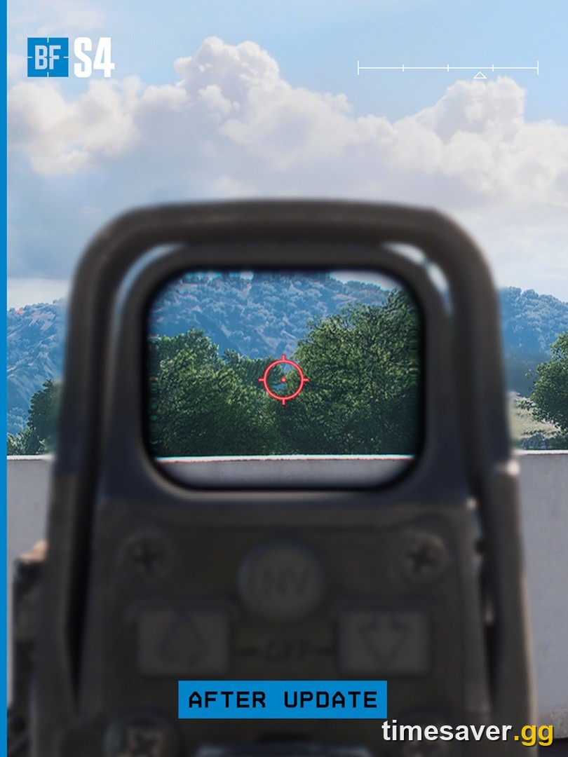 Battlefield 6 holographic sight picture labelled After Update from the Game Update 1.4.3.0 reticle overhaul