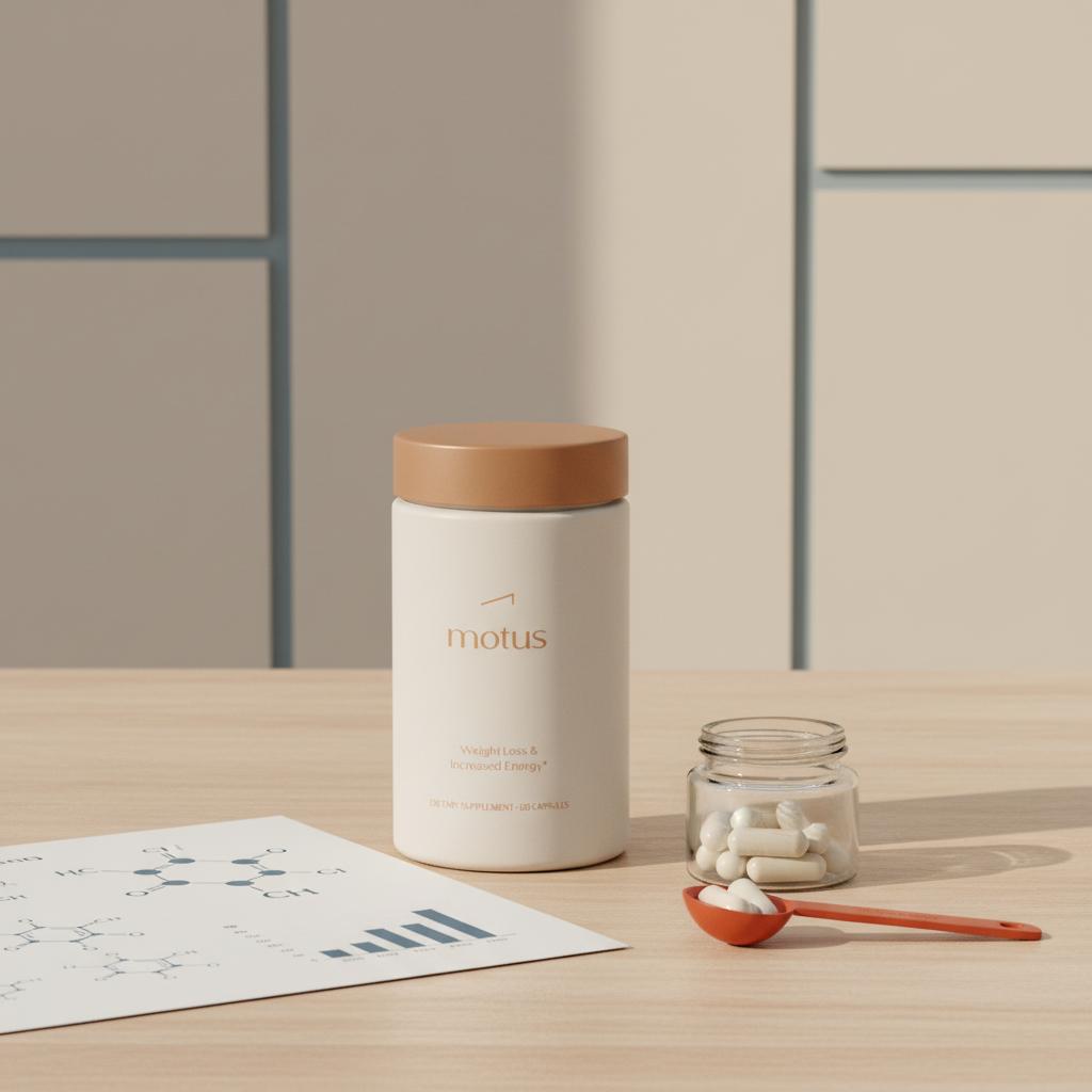 Minimalist tabletop photo of Tonum supplement container from reference beside open capsule jar and folded scientific printout with molecular diagrams, evoking NAD research.
