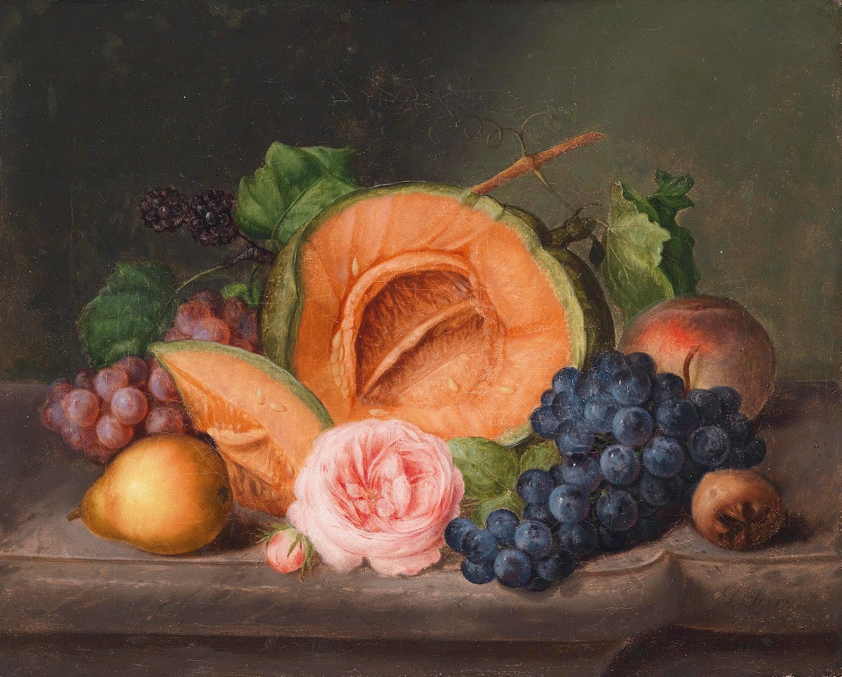 Stillleben mit Kürbis und Rose