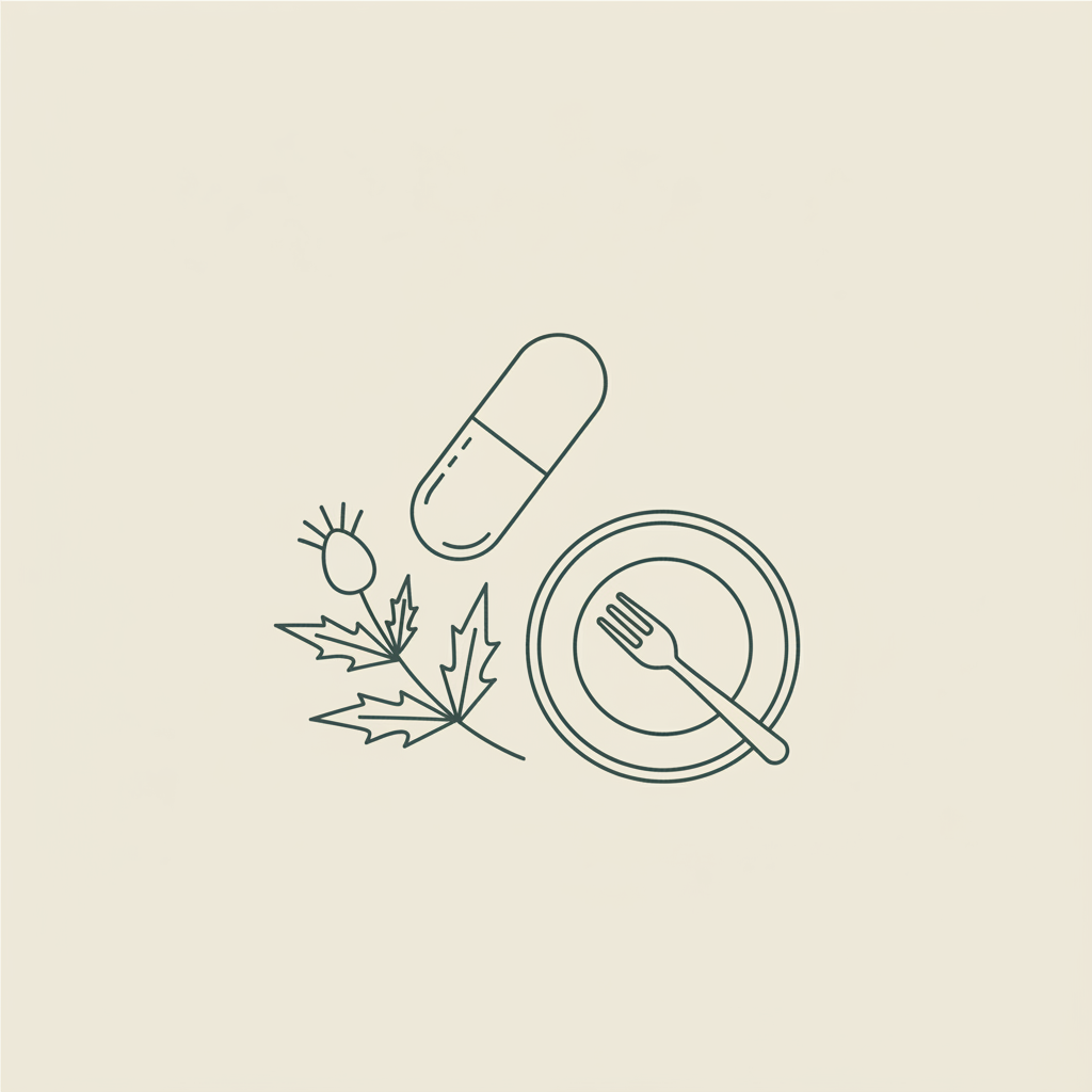 Minimal Tonum-style vector illustration of a capsule, small plate with fork and milk thistle sprig on beige background, representing burn tablets and nutritional support.