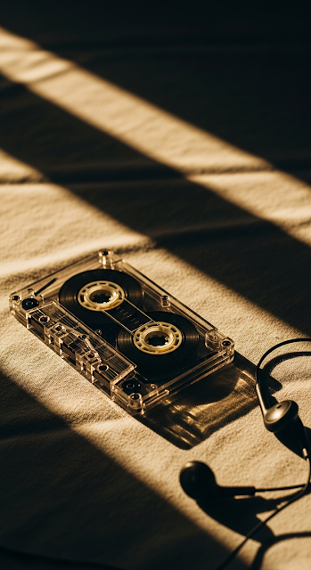 Retro Still Life of Clear Cassette Tape and Earphones in Golden Hour Sunlight - Free mobile Wallpaper