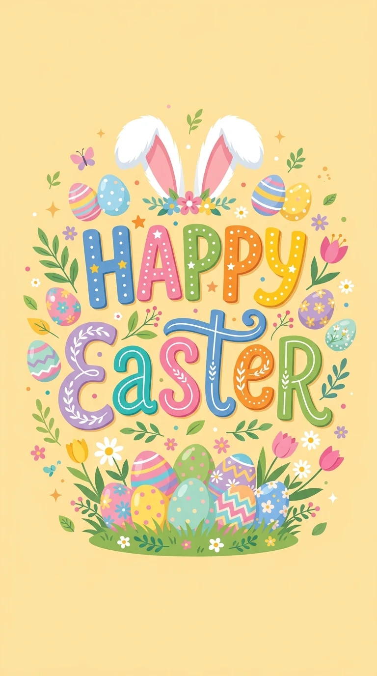Happy Easter Typography With Bunny Ears And Eggs - Free 8K and 4K mobile Wallpaper Background