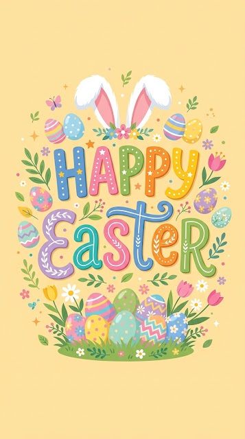 Happy Easter Typography With Bunny Ears And Eggs - Free mobile Wallpaper