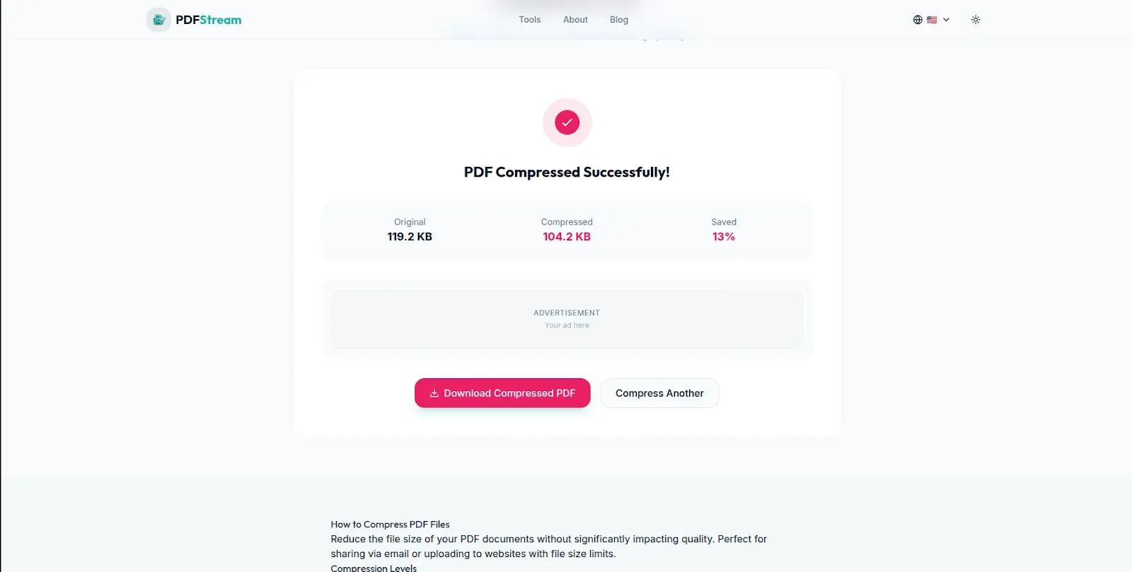 PDF file size reduced using PDFStream free browser tool no upload needed