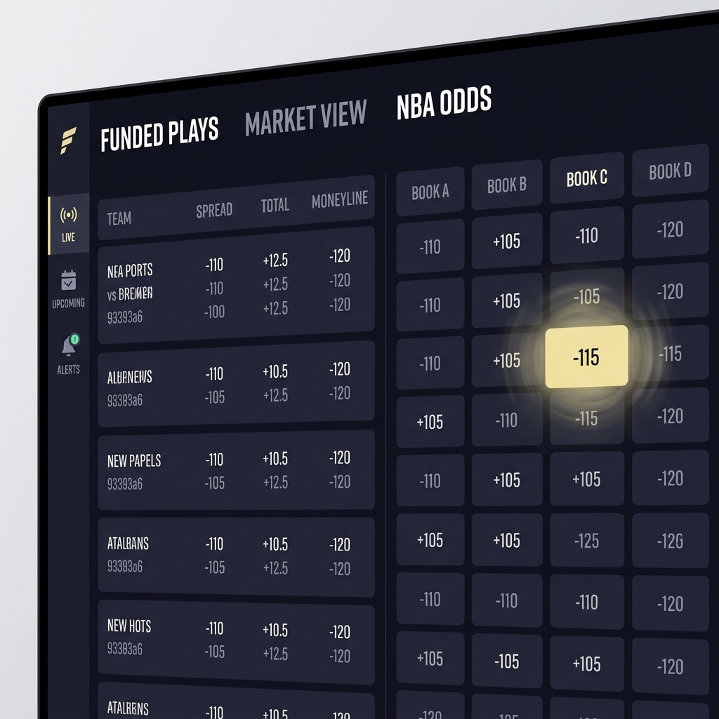 Close up bettor screen showing sportsbook odds columns with highlighted reverse line movement indicator in accent color on a minimalist Funded Plays style UI