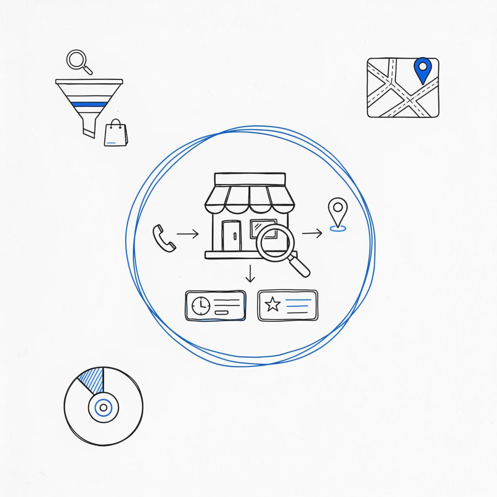 White notebook page of local-search sketches: storefront with magnifier, arrows to phone icon, info boxes for hours and reviews, hand-drawn minimal lines; SMB in advertising