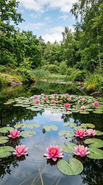 Tranquil Pond with Soft Pink Water Lilies and Foliage Reflection - Free mobile Wallpaper