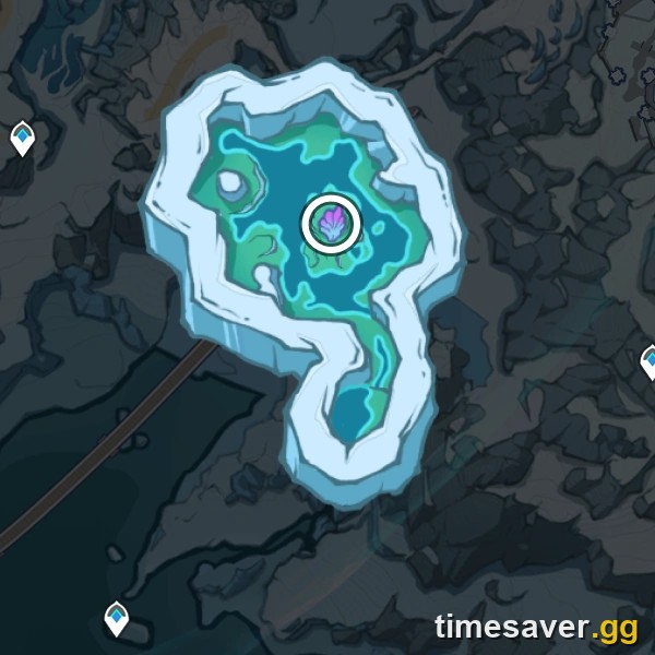 The Tidesong Cavern Meeting Point location marker on the Genshin Impact Snezhnaya map, in the Fellfrost Peak area south of Snezhnograd