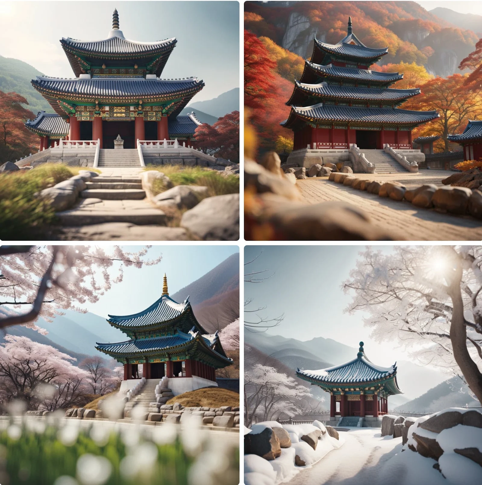 Toma cinematográfica de un templo coreano en invierno