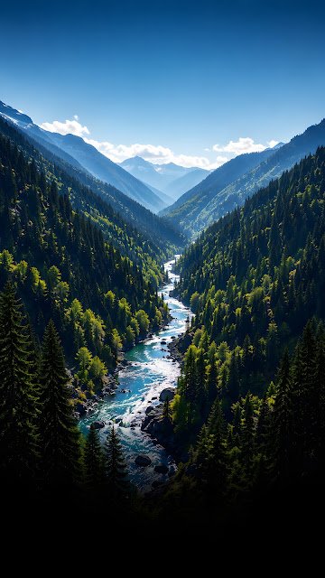 Sunny Valley Mountain River and Pine Forest Landscape - Free mobile Wallpaper