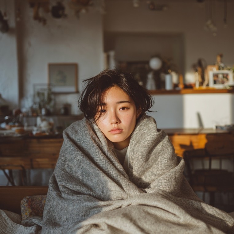 몸살과 열로 힘들어하는 일상적인 모습