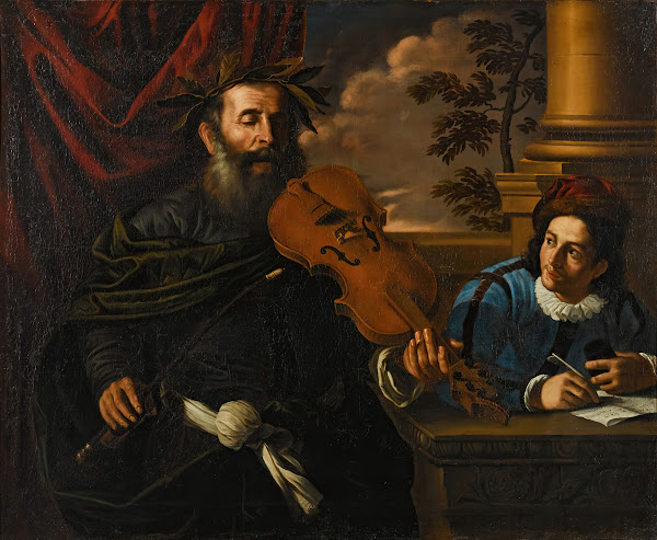 Homer playing the violinin the company of a pupil