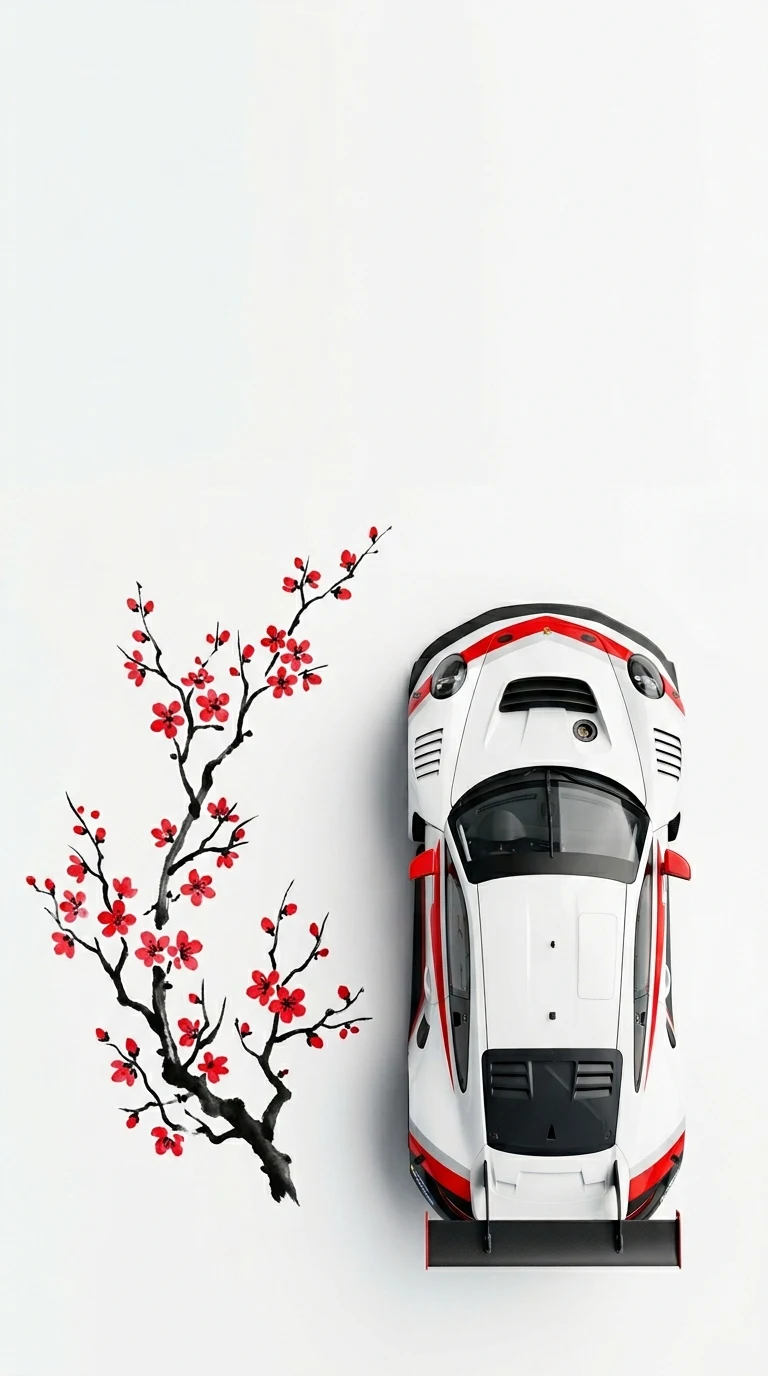 Top-Down View of a Performance Race Car with Oriental Floral Accents - Free 4K mobile Wallpaper