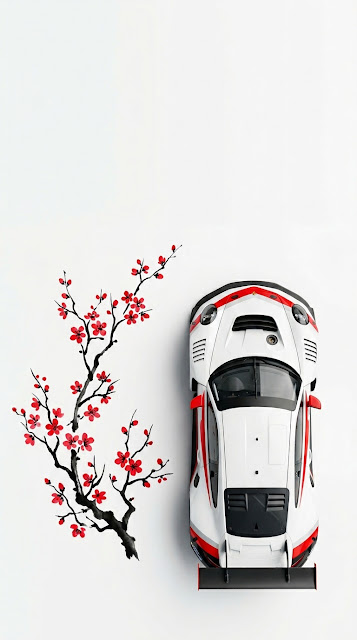 Top-Down View of a Performance Race Car with Oriental Floral Accents - Free mobile Wallpaper