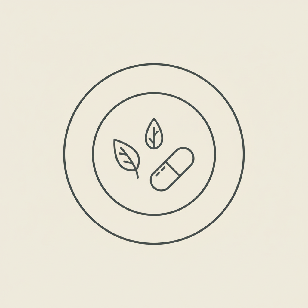 Minimal Tonum-style line illustration of a plate with a leaf, seed, and capsule representing magnesium for belly fat on a beige #F2E5D5 background