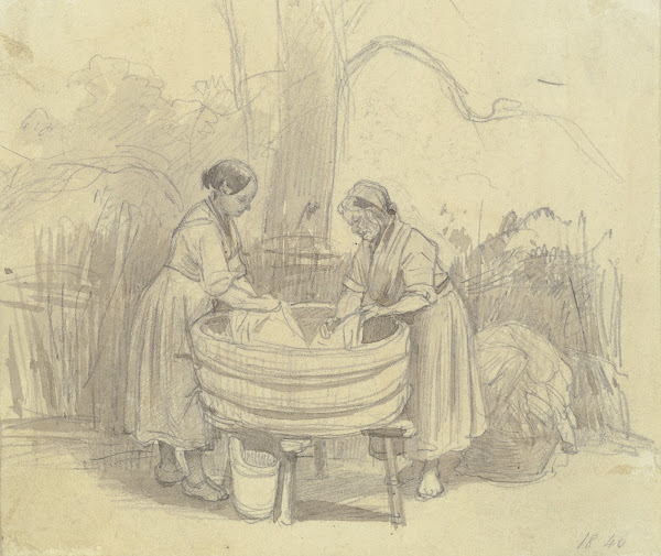 Zwei Wäscherinnen unter einem Baum an der Waschbütte beide im Profil 1846