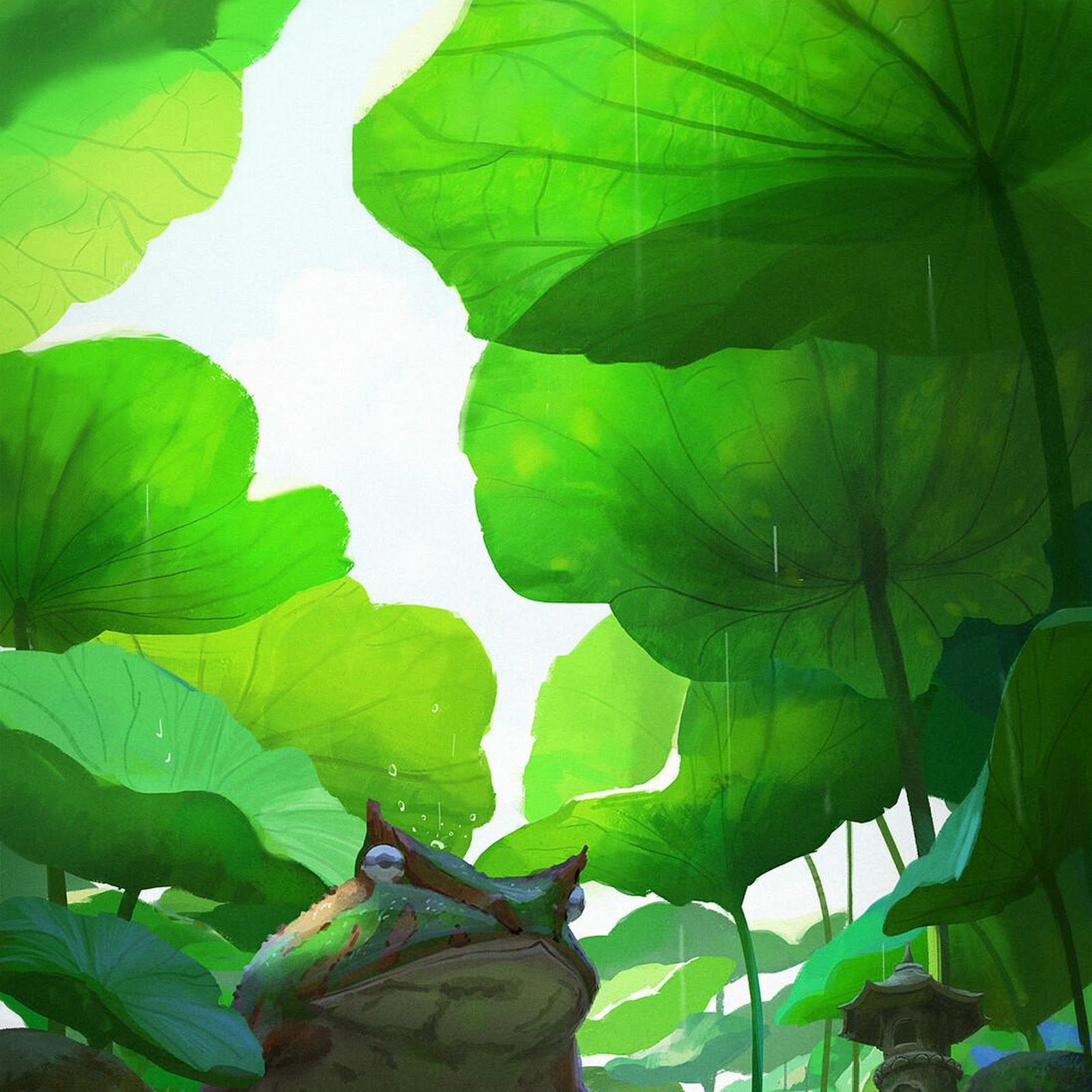 Download Frog Art, Lotus Pond, Waterfall Scene, Illustration Full HD iPhone